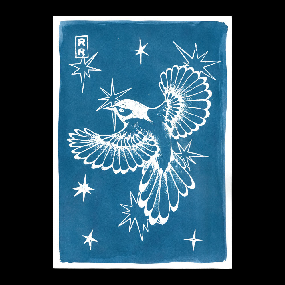 cyanotype d'un oiseau en vol