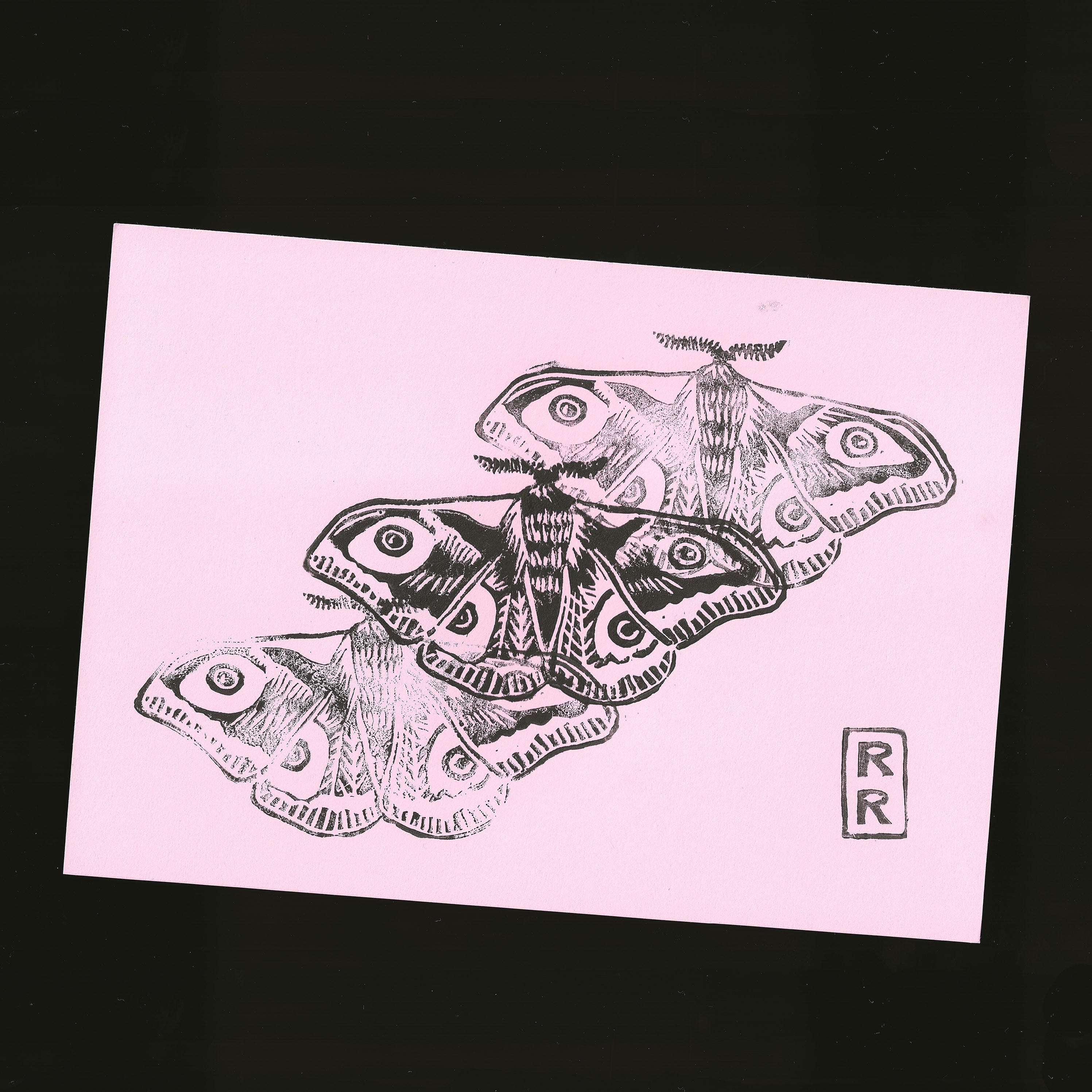illustration papillon imprimé en noir sur fond rose