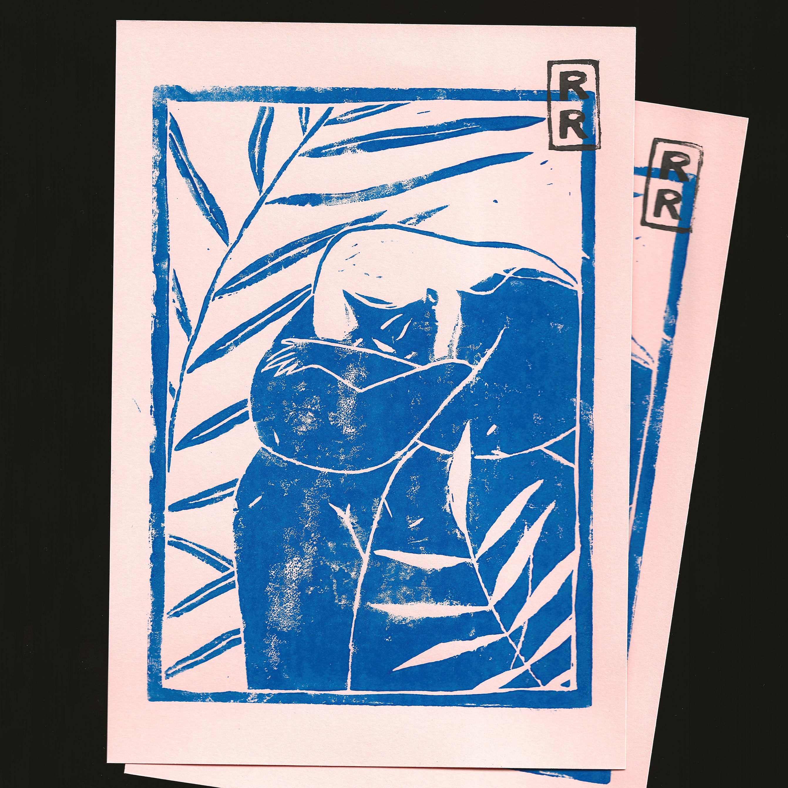 illustration sérénité imprimé en bleu sur fond saumon